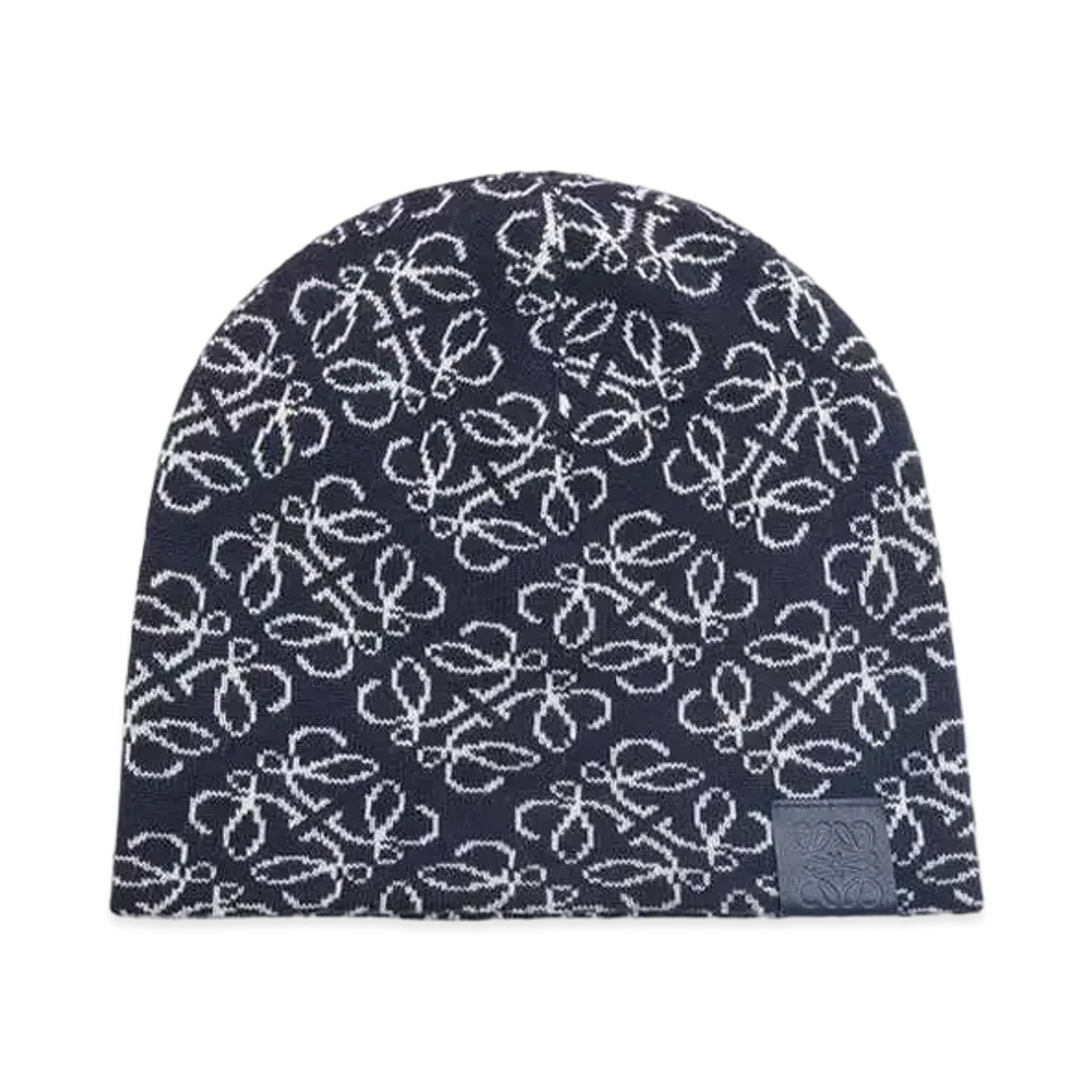 LOEWE All-over Anagram Beanie In Wool "Navy/White"
