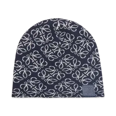 LOEWE All-over Anagram Beanie In Wool "Navy/White"