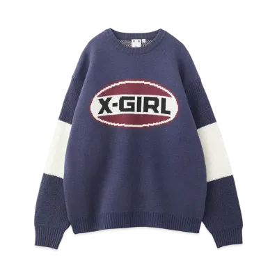 X-Girl Bicolor Oval Logo Jacquard Knit Top "Navy"