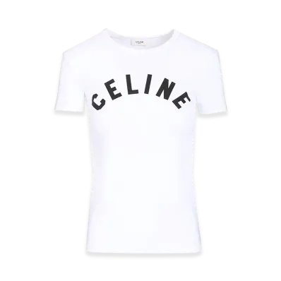 CELINE Women's T-Shirt Logo Ribbed Cotton Jersey "White"