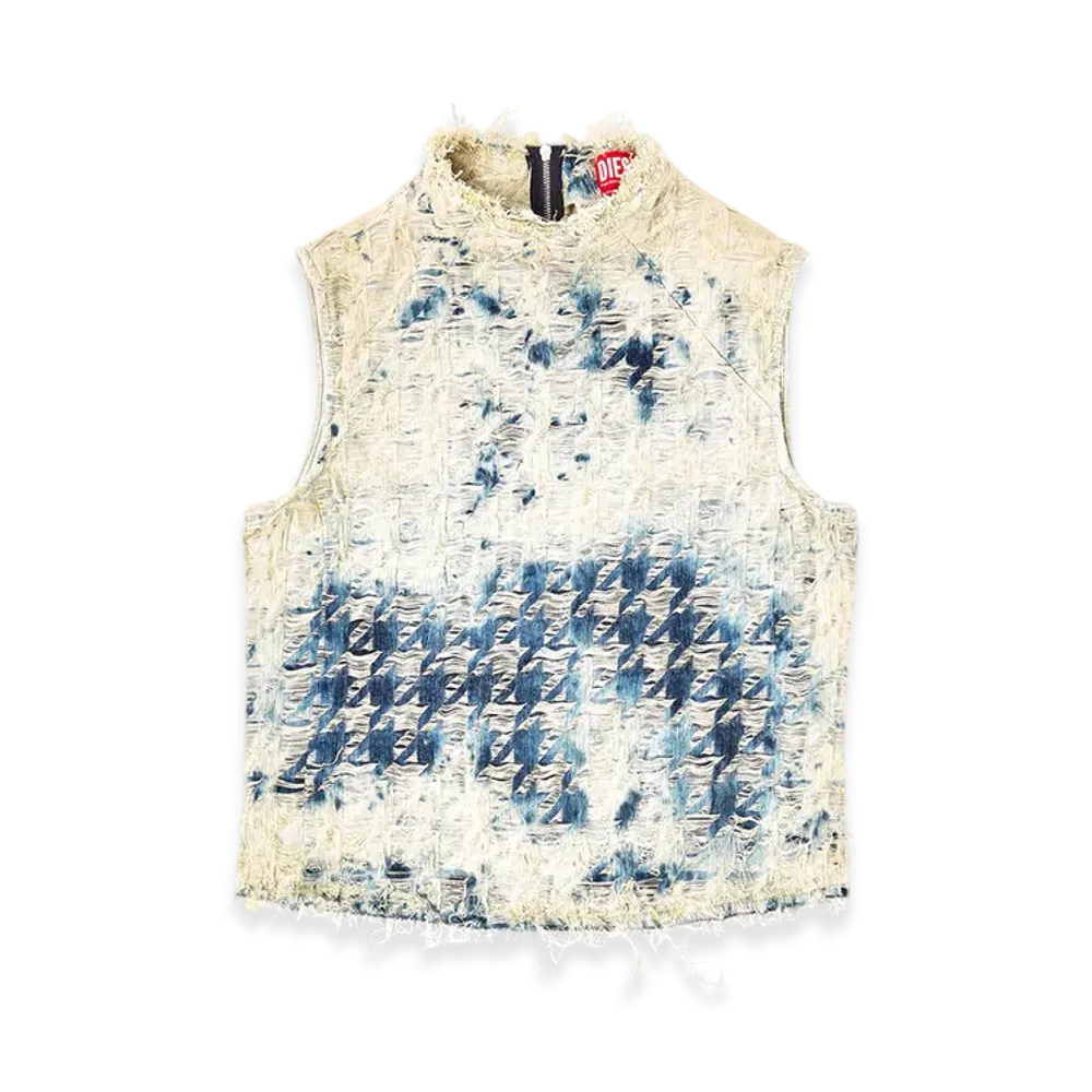 Diesel De-Tapi-Fsh2 Sleeveless Top In Houndstooth-Weave Denim "Medium Blue"