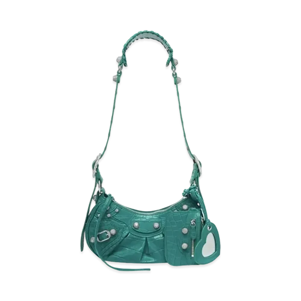 BALENCIAGA Le Cagole XS Shoulder Bag Crocodile Embossed With Rhinestones "Green"
