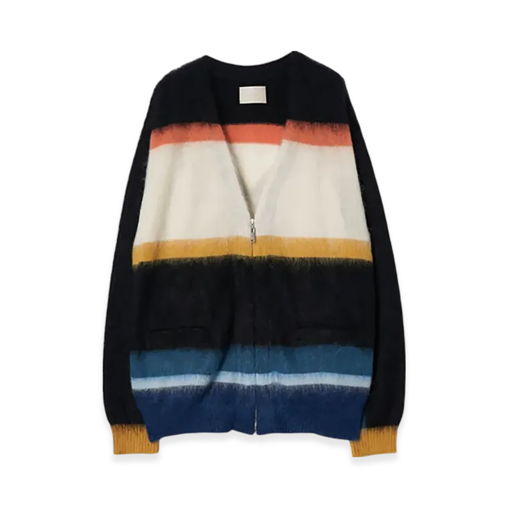 YOKE Kid Mohair Border V-Neck Zip Cardigan "Black"