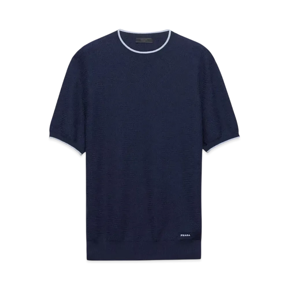 PRADA Men's Short-Sleeved Silk and Cotton Sweater "Navy"