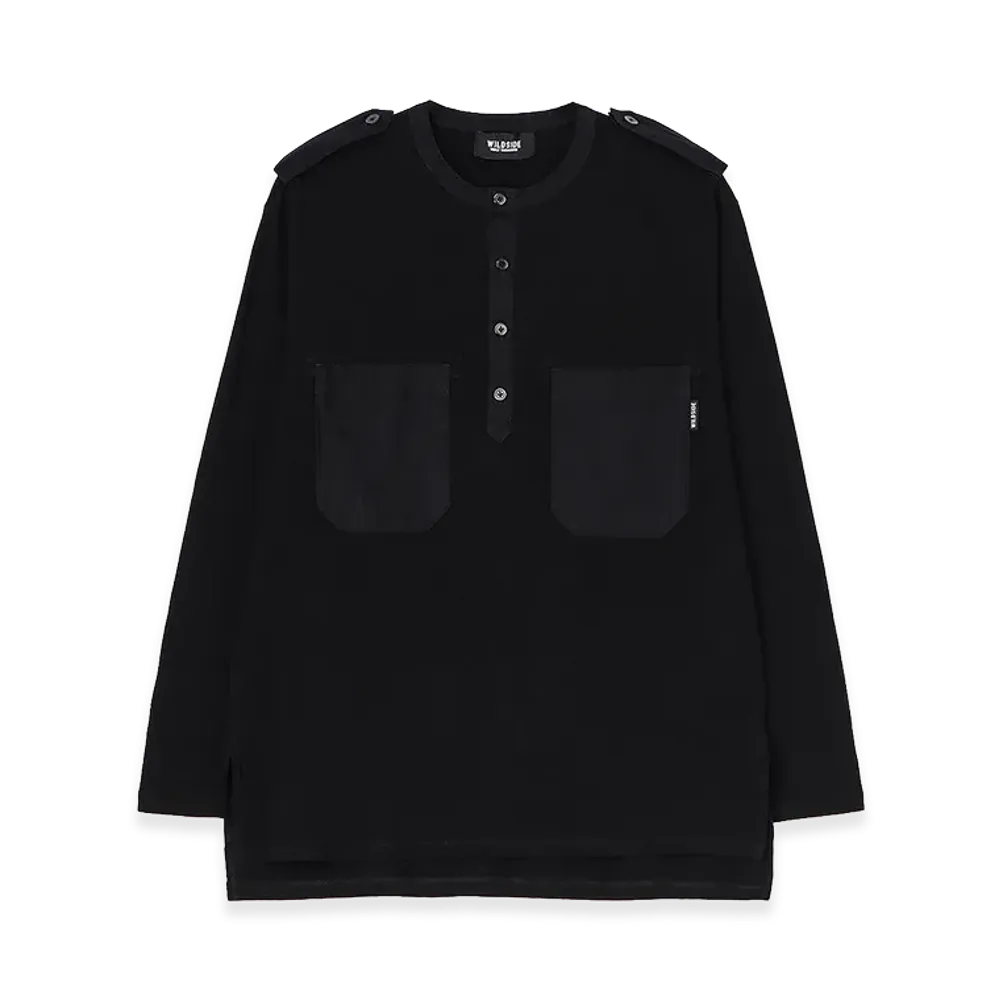 WILDSIDE YOHJI YAMAMOTO Cotton Jersey Shoulder Strap Henley Neck Long Sleeve T-shirt "Black"
