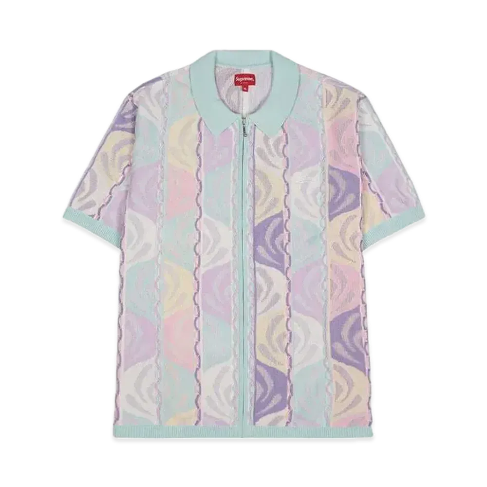 Supreme Abstract Textured Zip Up Polo "Pale Blue"