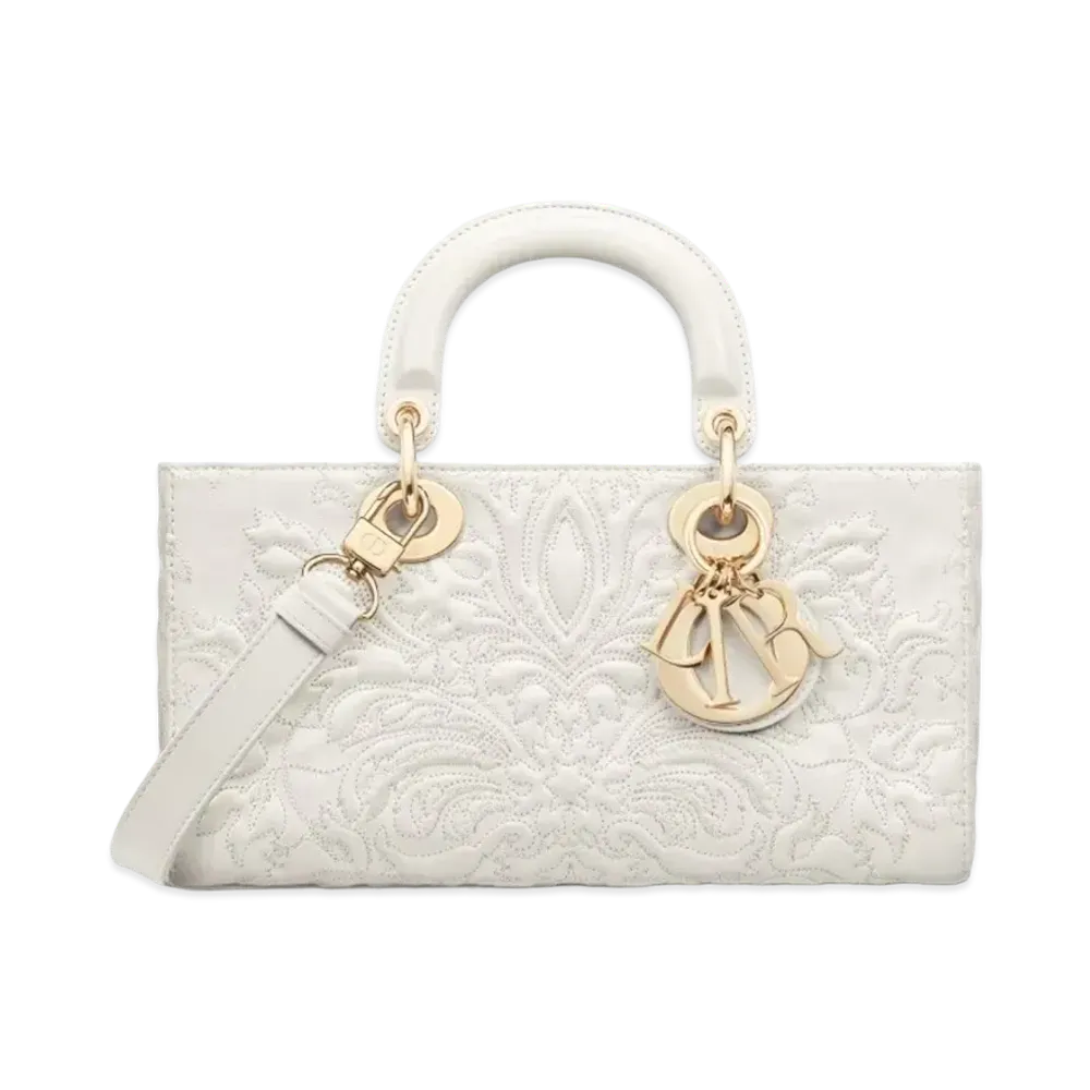 Dior Medium Lady D-Joy Bag Quilt Effect Lambskin Ornamental Motif "Latte"