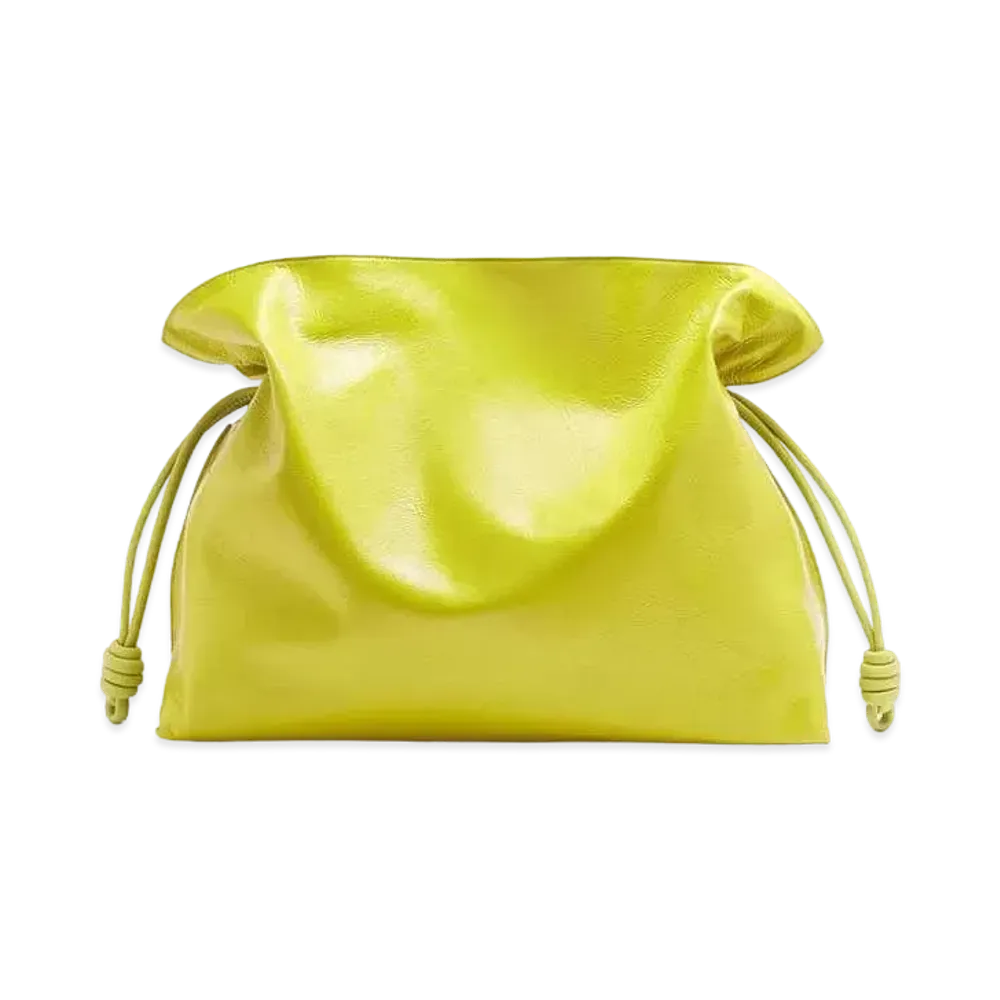 LOEWE XL Flamenco Clutch In Crackle Patent "Lime Yellow"