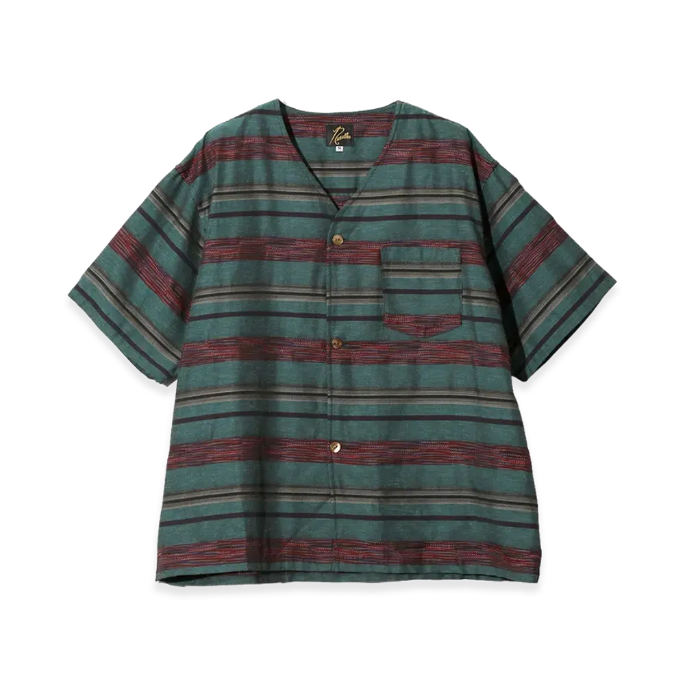 NEEDLES S/S V-Neck Shirt - Kasuri Border "Emerald"