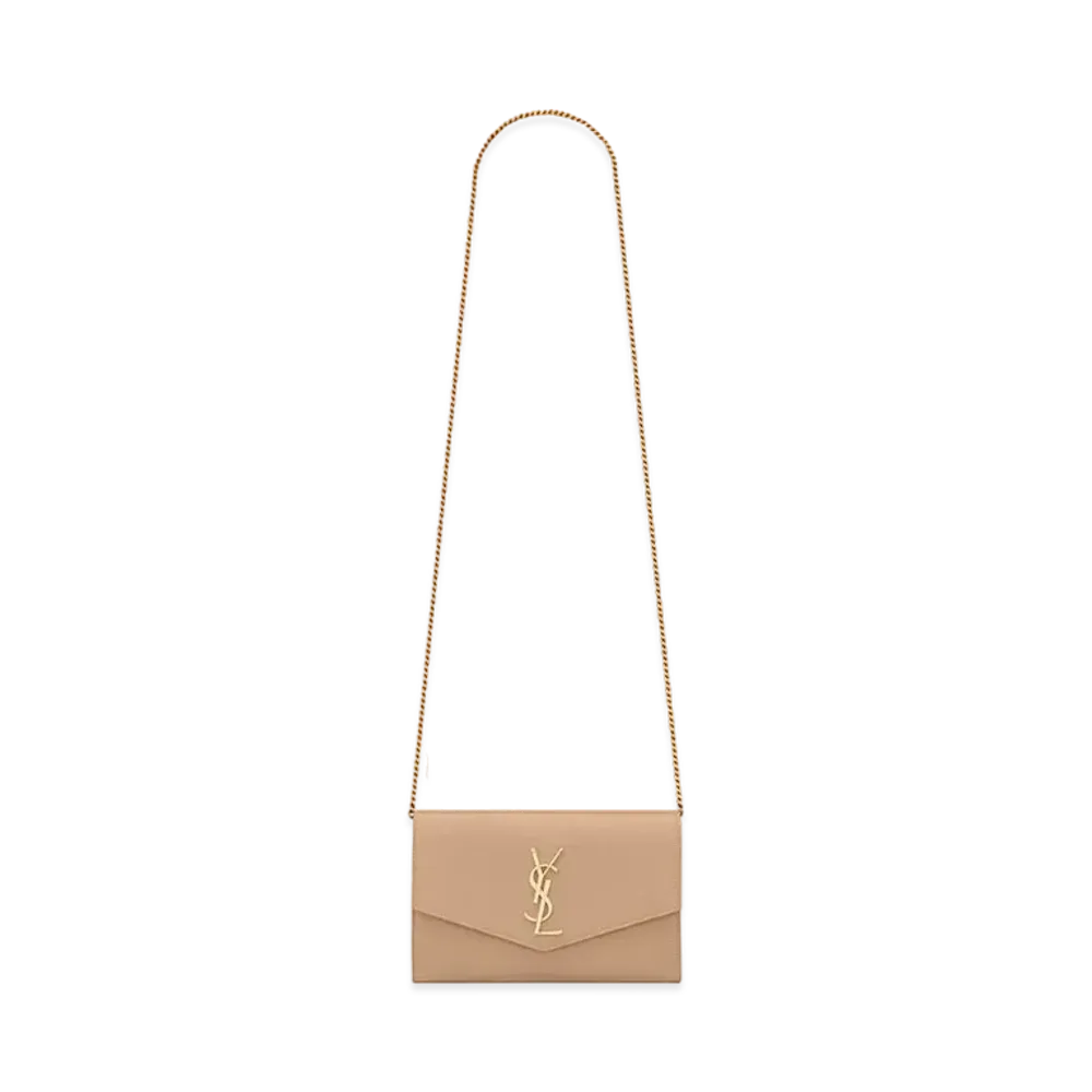 Saint Laurent Uptown Chain Wallet In Grain De Poudre Embossed Leather "Dark Beige"
