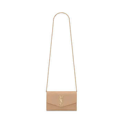 Saint Laurent Uptown Chain Wallet In Grain De Poudre Embossed Leather "Dark Beige"