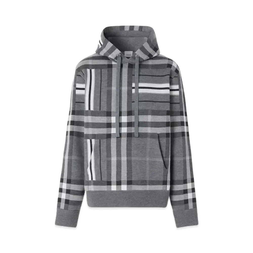 Burberry Men's Check and Stripe Wool Blend Jacquard Hoodie "Dark Grey Melange"
