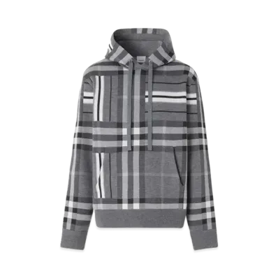 Burberry Men's Check and Stripe Wool Blend Jacquard Hoodie "Dark Grey Melange"
