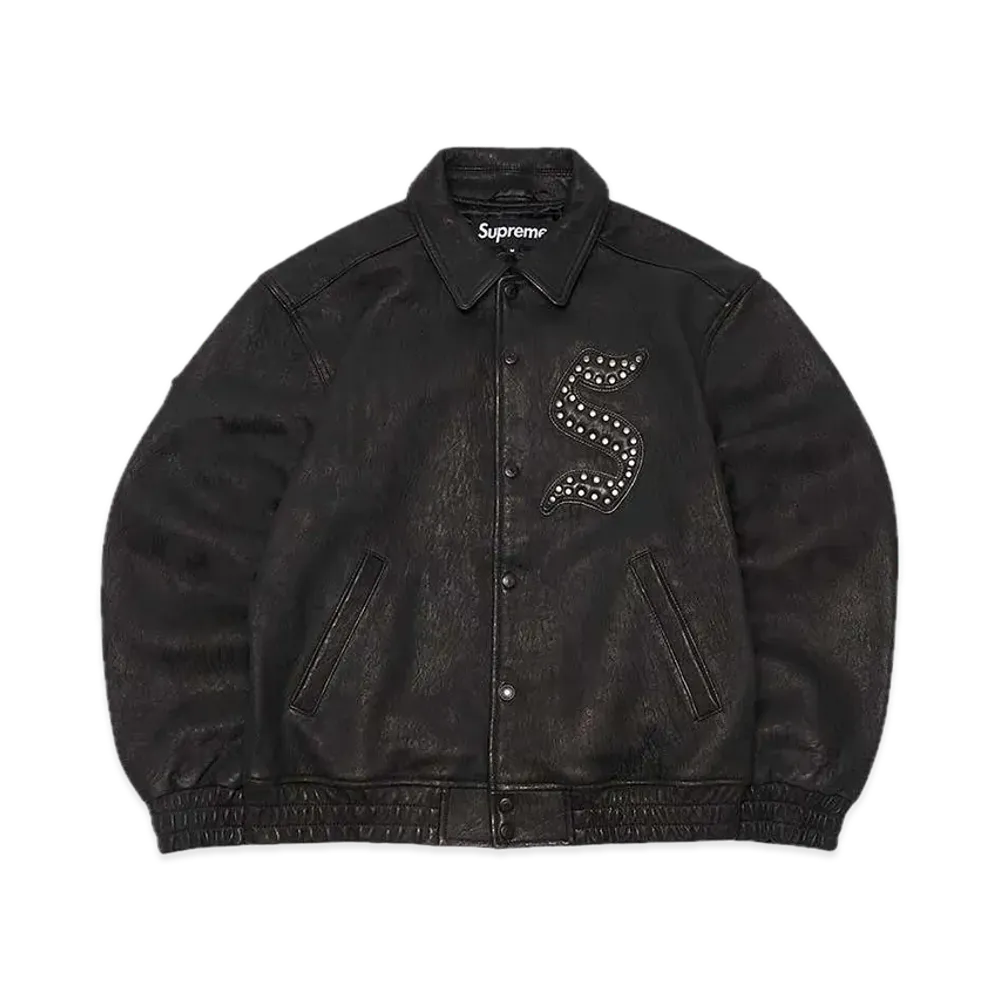 Supreme Pebbled Leather Varsity Jacket "Black"