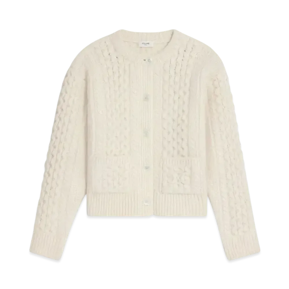 CELINE Women's Triomphe Cardigan in Aran Wool "Off White"