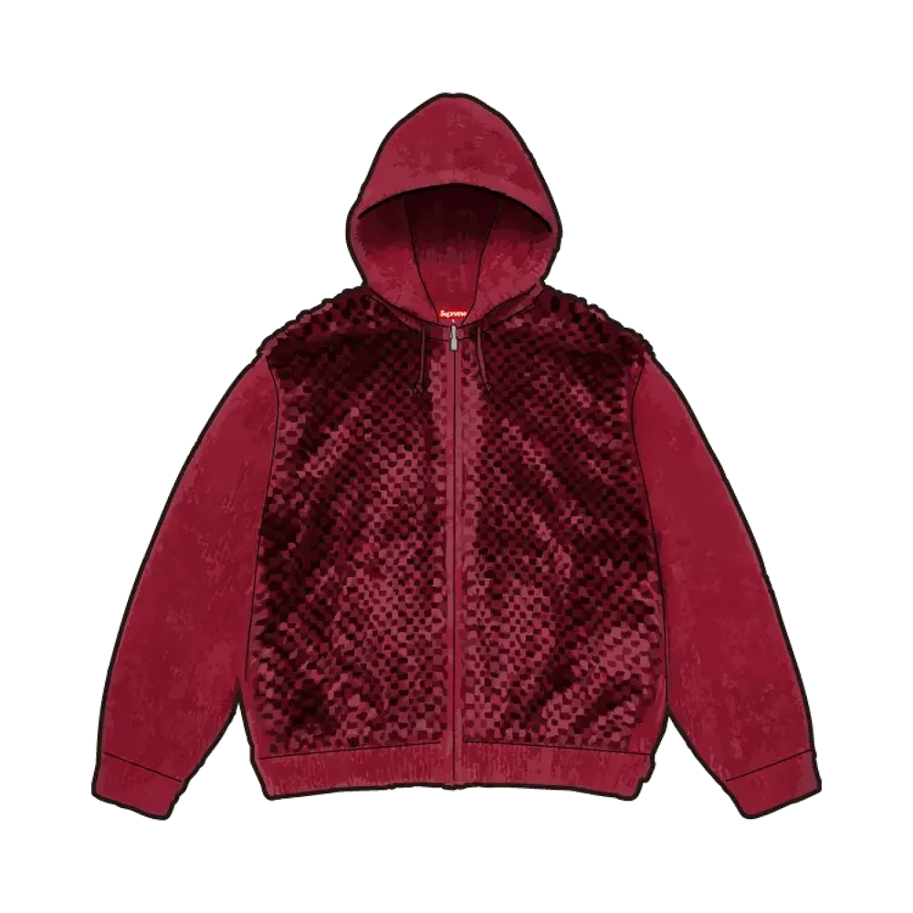 Supreme Checkerboard Faux Fur Zip Up Hooded Sweater "Red"