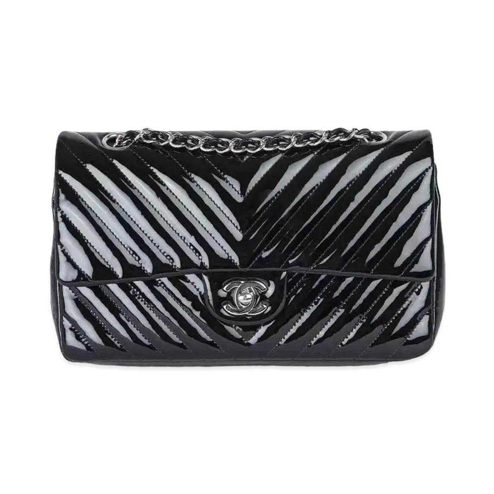 CHANEL Matelasse V Stitch Classic Double Flap Patent Calfskin "Black/Silver"