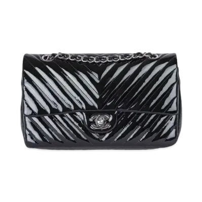 CHANEL Matelasse V Stitch Classic Double Flap Patent Calfskin "Black/Silver"