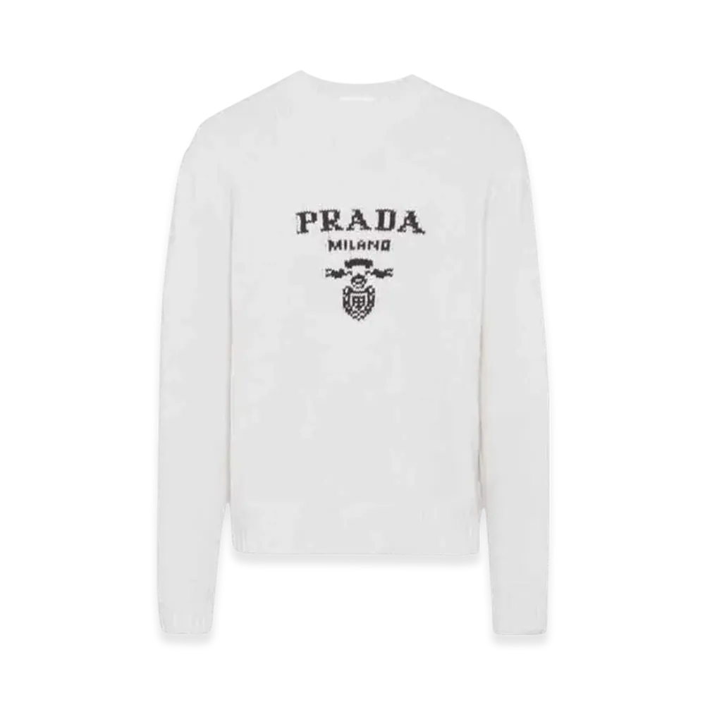 PRADA Wool Cashmere Crew Neck Sweater "Chalk White"