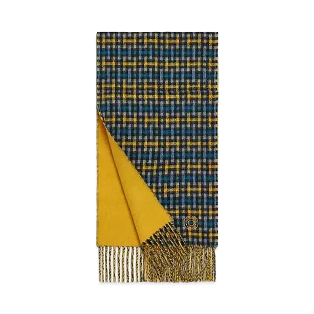 Hermes Cashmere Muffler H Ecossais Recto-Verso "Bleu/Jaune/Gris"