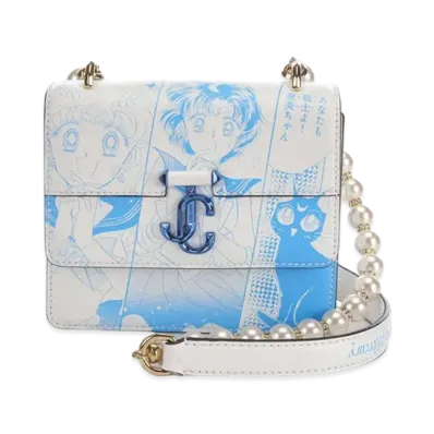 Jimmy Choo x Pretty Guardian Sailor Moon Sailor Mercury Varenne Quad XS Manga Printed Leather Shoulder Bag With Pearl Strap "Blue"