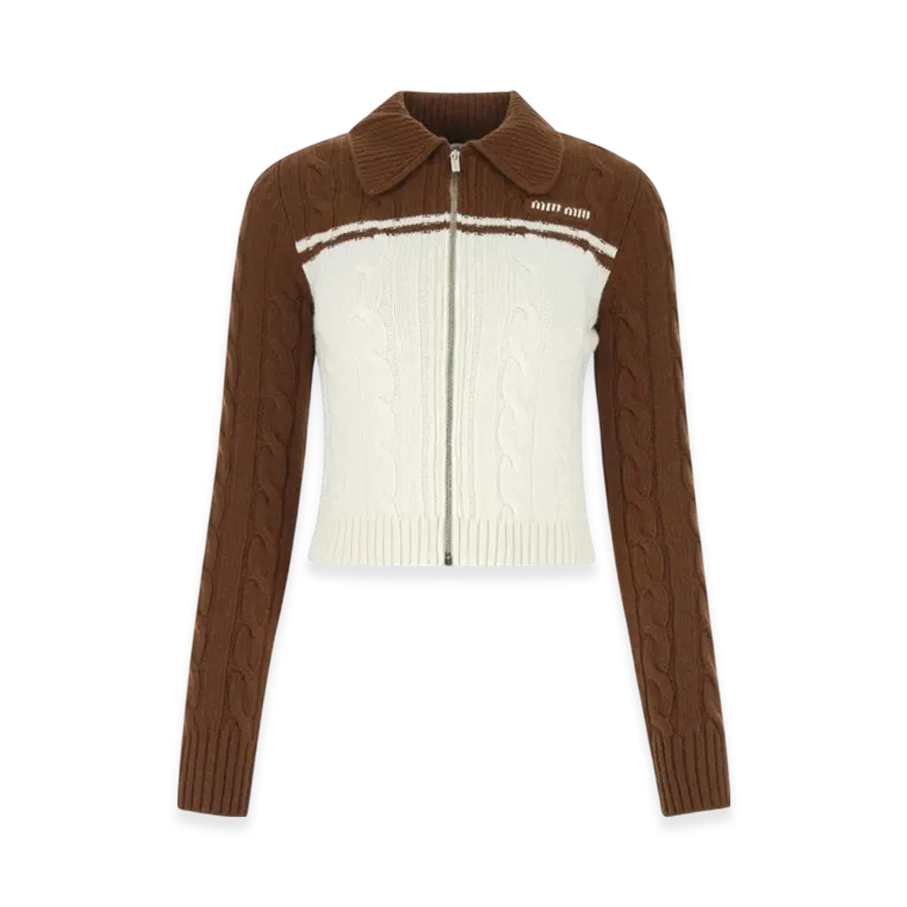 MIU MIU Women's Wool Cashmere Zipper Cardigan "Brown/White"