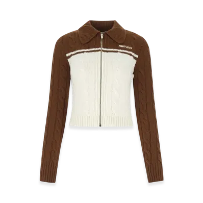 MIU MIU Women's Wool Cashmere Zipper Cardigan "Brown/White"