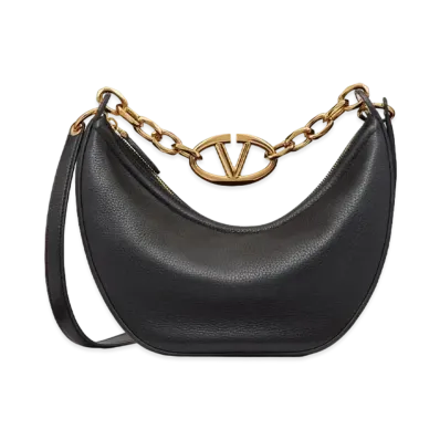 Valentino Small Vlogo Moon Hobo Bag In Leather With Chain "Black"
