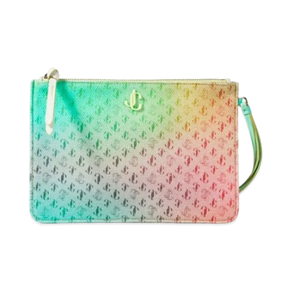 Jimmy Choo Fara JC Logo Degrade Canvas Pouch With Sunbleached JC Logo "Sunbleached/Sunset Mix"