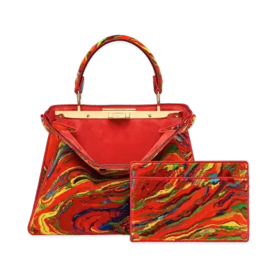 FENDI Peekaboo I See U Midium Marble Fabric Bag "Red"