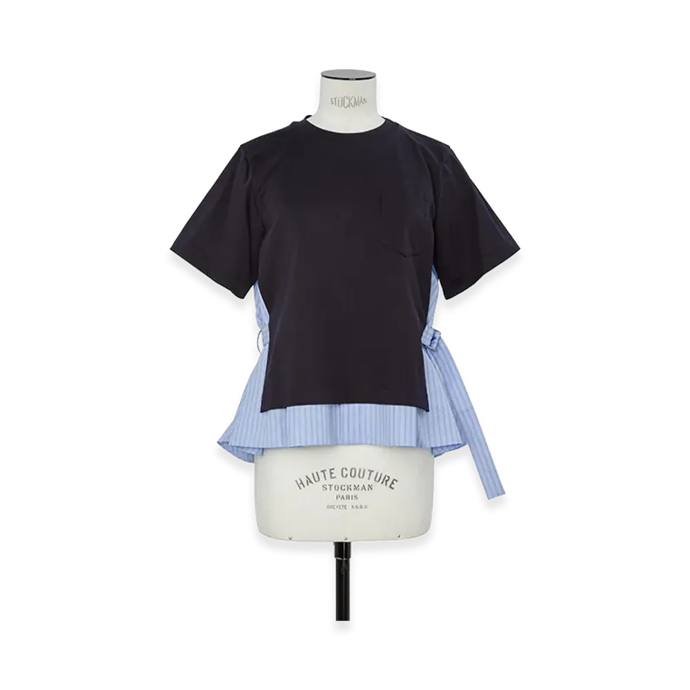sacai Women's Poplin x Cotton Jersey T-Shirt "Light Blue Stripe/Navy"