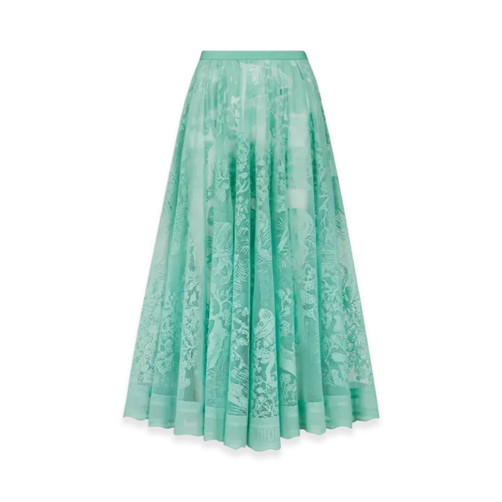 Dior Women's Technical Cotton Lace Dioriviera Flared Mid Length Skirt "Aquamarina"