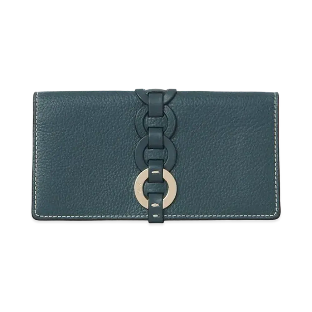 Chloe Darryl Long Wallet With Flap In Grained & Shiny Calfskin "Steel Blue"