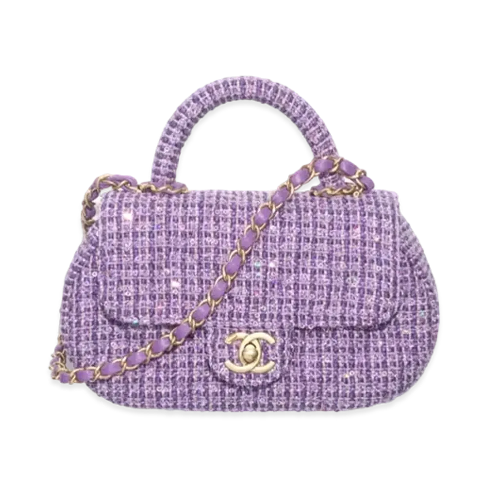 CHANEL Small Bag With Top Handle Tweed Sequins & Gold Tone Metal "Purple/Silver"
