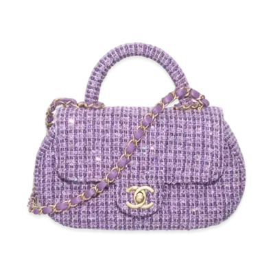 CHANEL Small Bag With Top Handle Tweed Sequins & Gold Tone Metal "Purple/Silver"