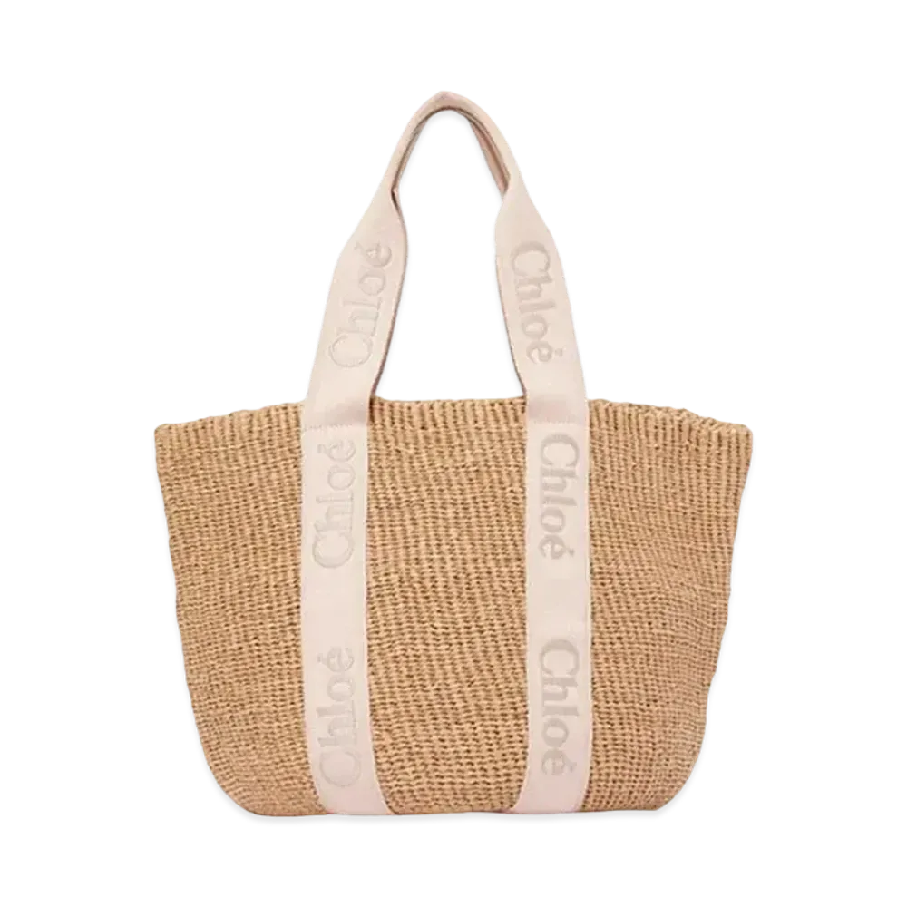 Chloe Large Woody Basket Fair-Trade Paper Calfskin&Webbing With Chloe Logo "Blushy Beige"