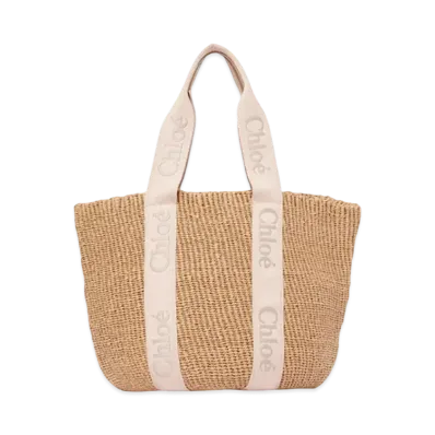 Chloe Large Woody Basket Fair-Trade Paper Calfskin&Webbing With Chloe Logo "Blushy Beige"