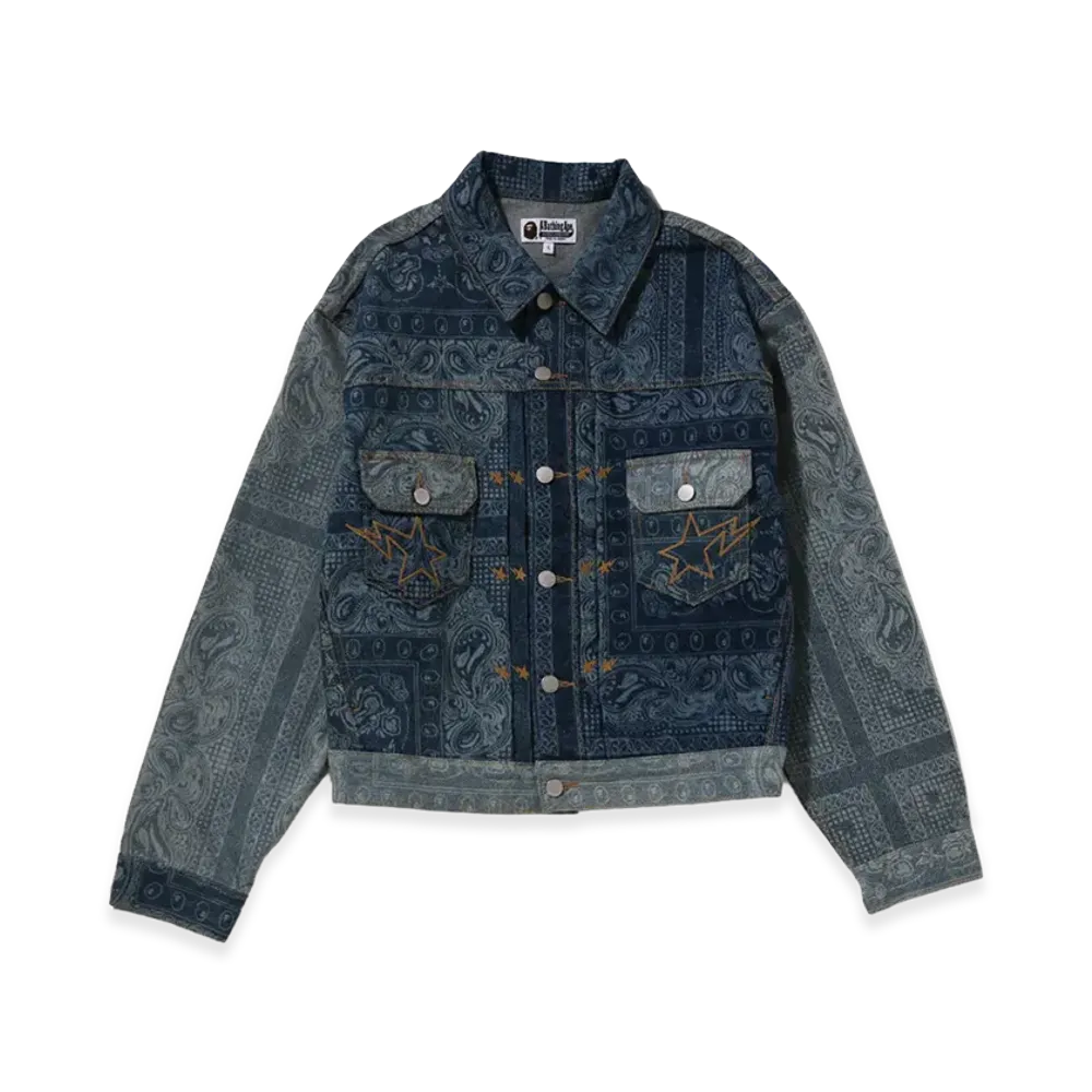 A BATHING APE Paisley Pattern Denim Trucker Jacket "Light Indigo"