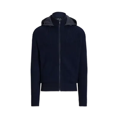 Ralph Lauren Purple Label Washable Wool Full-Zip Hooded Sweater "Navy"