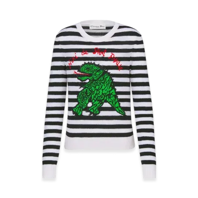 Dior Women's Embroidered Dior Mariniere Sweater Virgin Wool Cashmere Knit Dragon Motif "Navy Blue/White/Green"