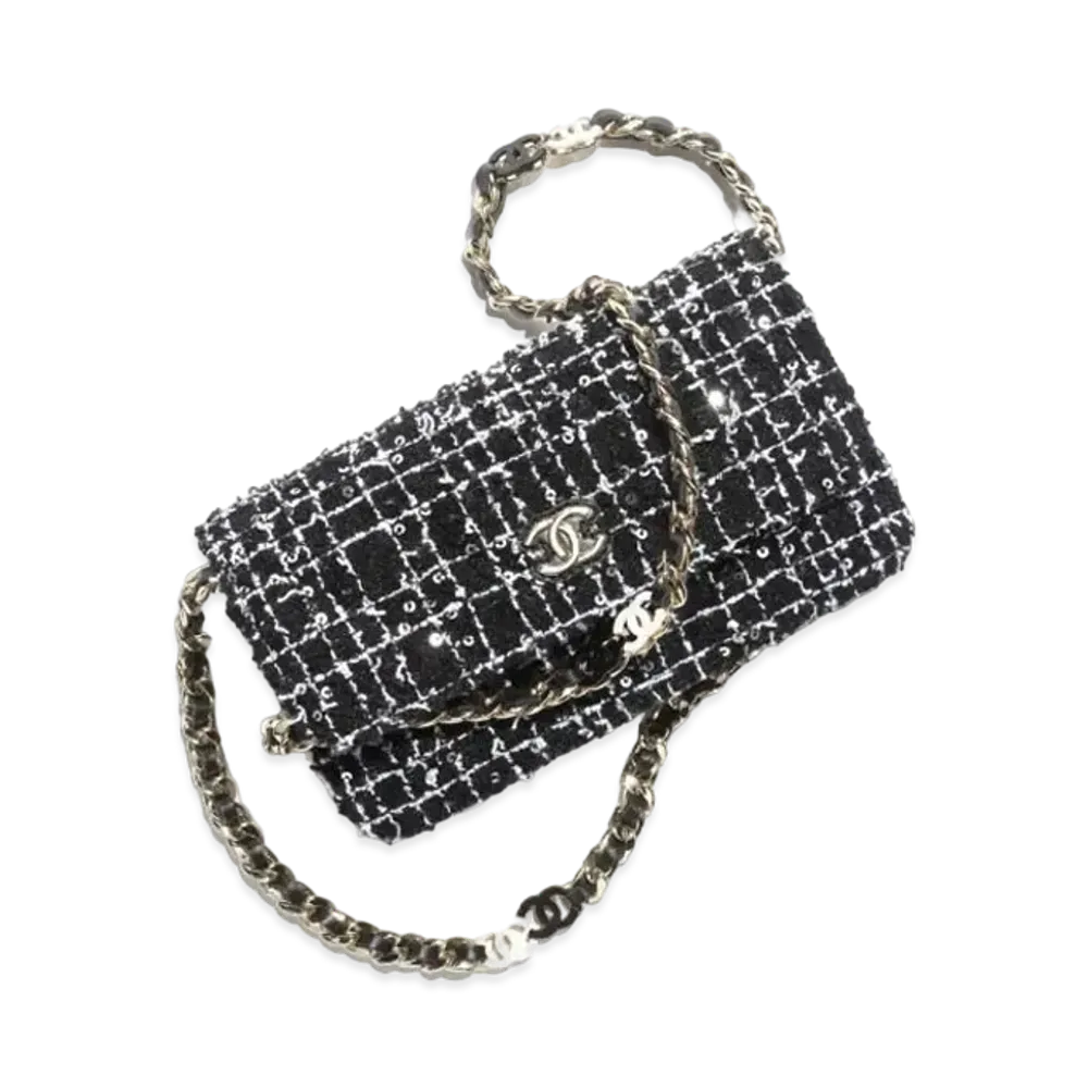 CHANEL Flap Phone Holder with Chain Sequin Embroidered Tweed "Black/White"