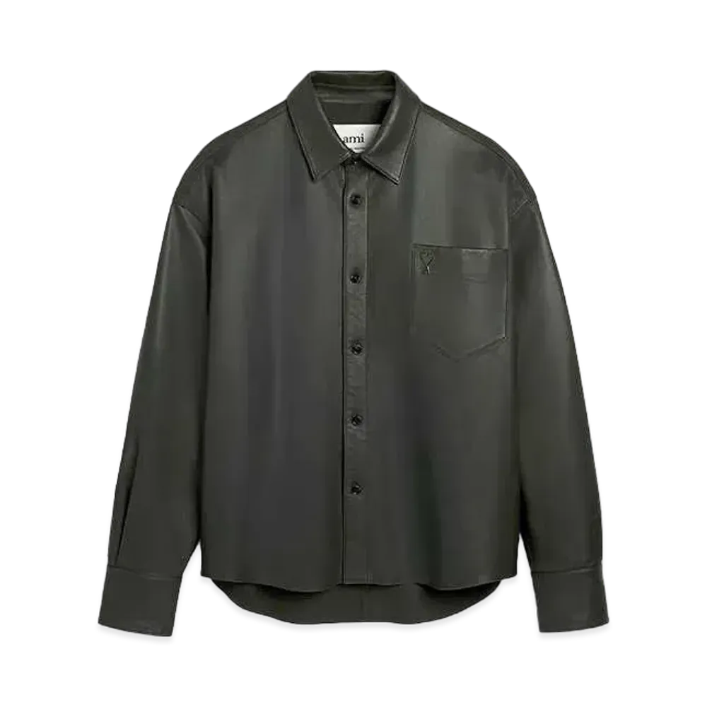 AMI PARIS Smooth Lamb Leather Boxy Fit Shirt "Dark Olive Green"