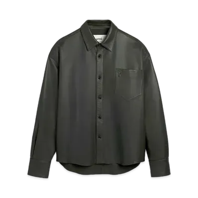 AMI PARIS Smooth Lamb Leather Boxy Fit Shirt "Dark Olive Green"
