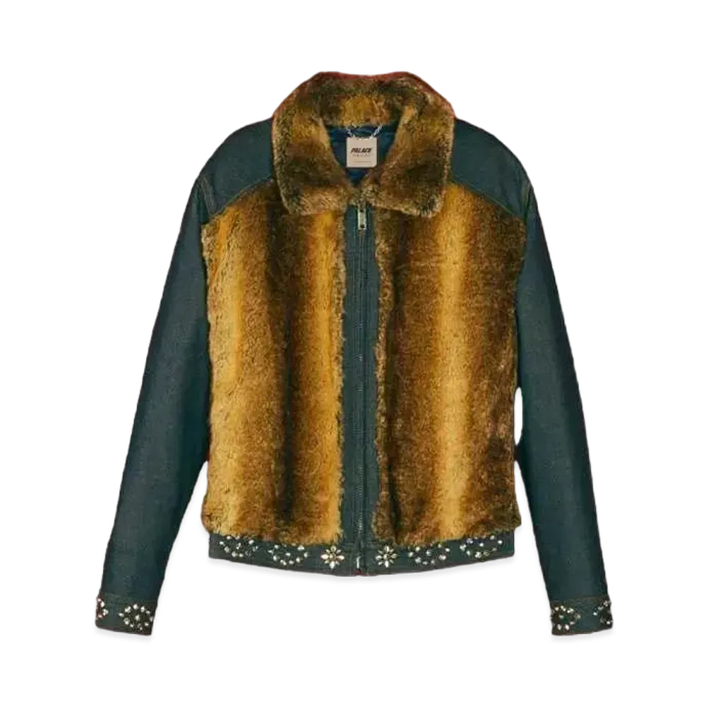 PALACE GUCCI Denim Jacket With Faux Fur Crystals And Studs Details "Dark Blue"