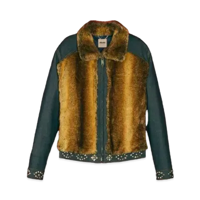 PALACE GUCCI Denim Jacket With Faux Fur Crystals And Studs Details "Dark Blue"