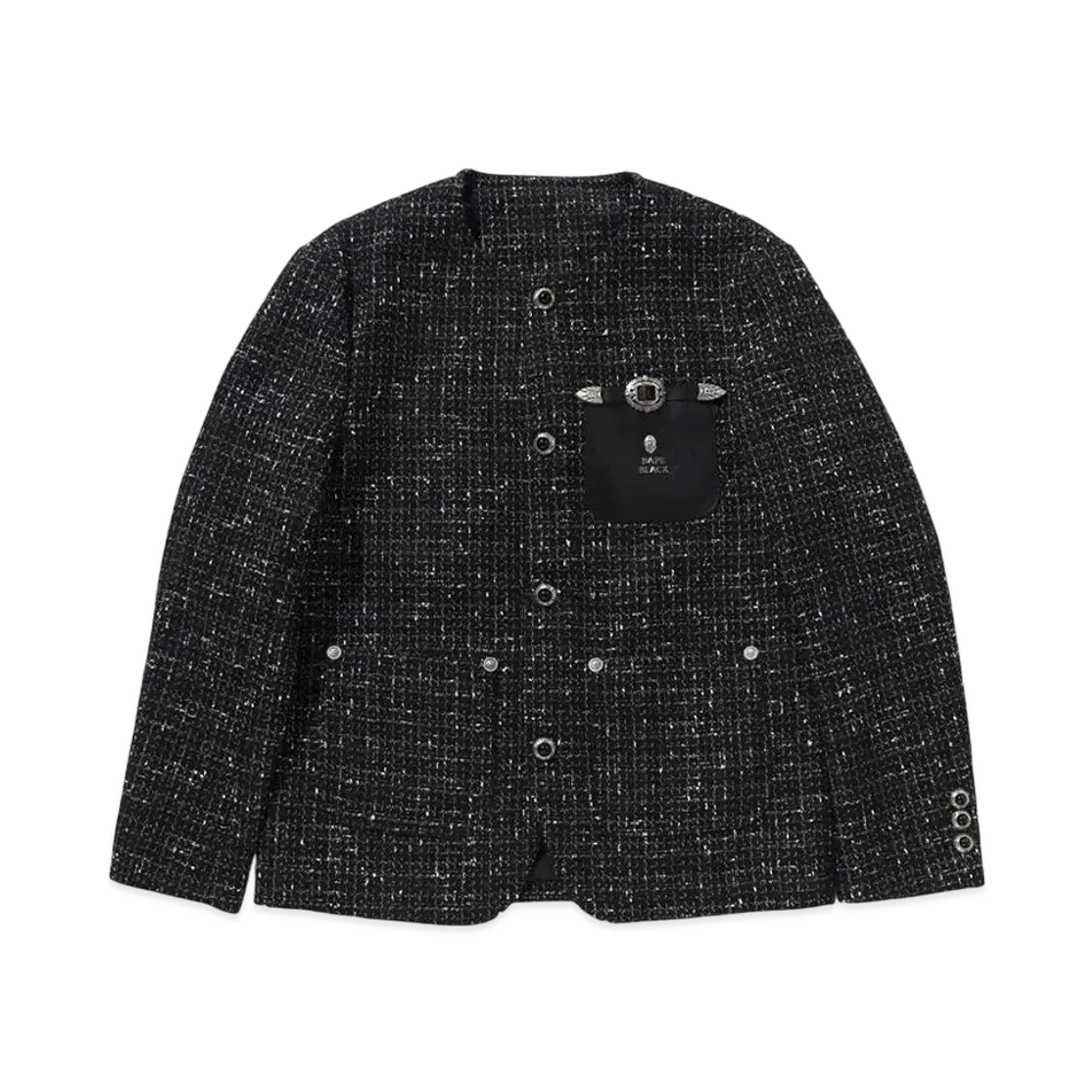 A BATHING APE Bape Black Collarless Ornaments Tweed Coat #1 "Black"