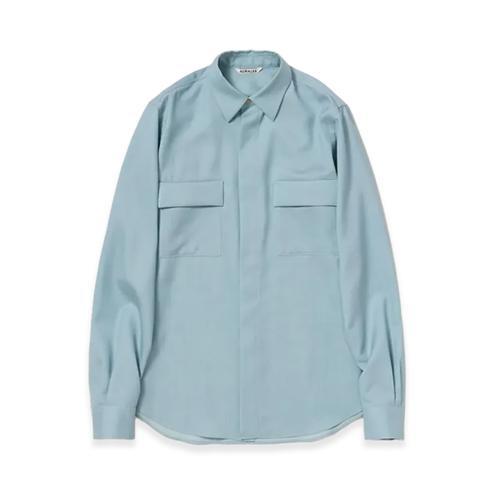 AURALEE Women's Wool Herringbone Overshirt "Dusty Blue"