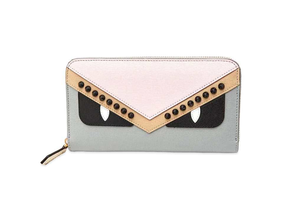 FENDI Bugs eye Monster Leather Round Long Wallet "Gray/Pink"