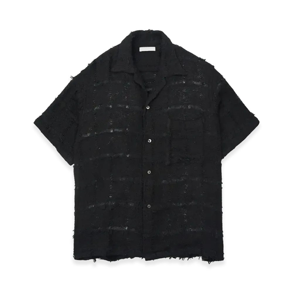 YOKE Fringe Check Tweed Open Collar Shirt "Black"