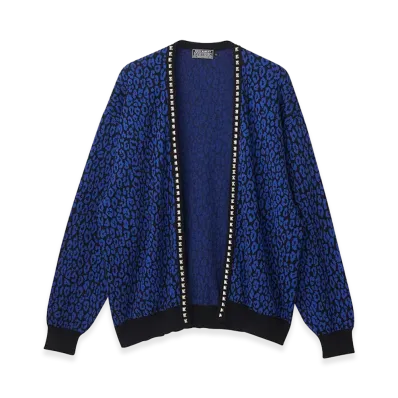 HYSTERIC GLAMOUR LEOPARD Pattern Jacquard Studded Cardigan "Blue"